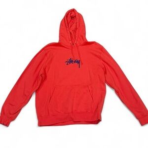 Men Stussy Red Hoodie with Navy Logo